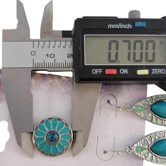 2 Pair Earring Set Teal Blue Flower Stud & Drop Dangle Boho Festival Retro Style - Picture 8 of 9